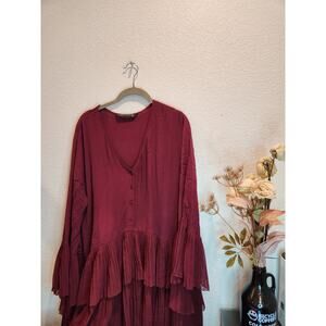 Zara Burgendy Contrasting Pleated Dress Tunic‎ top Large layered size xLarge